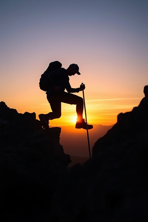 Create a high-resolution silhouette of a hiker climbing a rocky terrain at sunset with a Canon EOS 5D Mark IV, 50mm lens, f/1.8 aperture, ISO 200, shutter speed 1/250 seconds, using a low-angle view for dramatic effect.