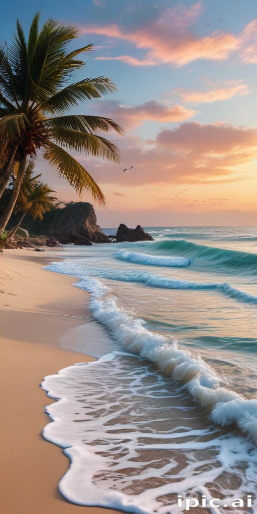Serene Beach Scene with Gentle Waves and Palm Trees at Sunset