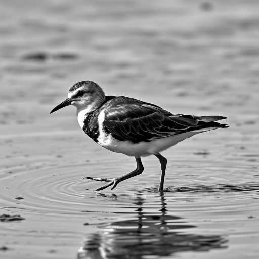 Create a detailed illustration of a bird wading in shallow water, using high contrast black and white to emphasize its shape and form, captured with a DSLR camera at f/4, ISO 200, 1/500s, in a close-up view to enhance the bird's features and the surrounding water texture.