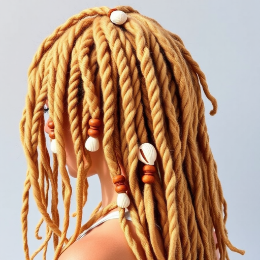 Beachy Bohemian Dreadlocks showcasing sun-kissed blonde base with caramel and honey highlights woven throughout textured rope-like locs adorned with wooden beads and seashells