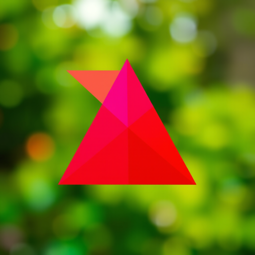 Create a vibrant abstract design featuring overlapping triangles in shades of green, pink, red, and orange, captured with a Canon EOS R5 at f/8, ISO 100, and a shutter speed of 1/125s, utilizing a shallow depth of field to enhance the focus and clarity of the colors while adding a soft bokeh effect in the background.