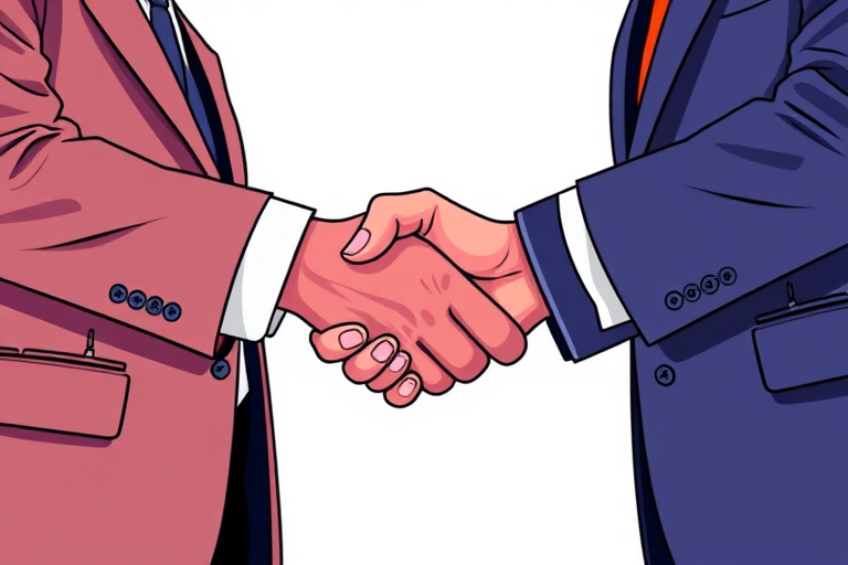 Create a detailed digital illustration of two business professionals shaking hands through their smartphone screens, vibrant colors, flat design style, high resolution, f/8 aperture, ISO 100, 50mm lens, shot from eye level.