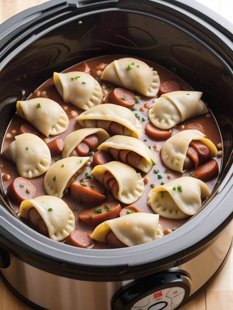 kielbasa and pierogies in crock pot