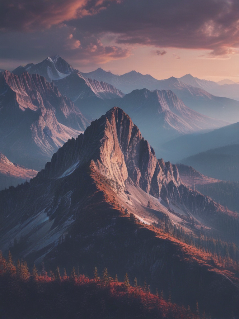 Majestic Mountain Peaks Bathed in Golden Light at Sunset in Nature.