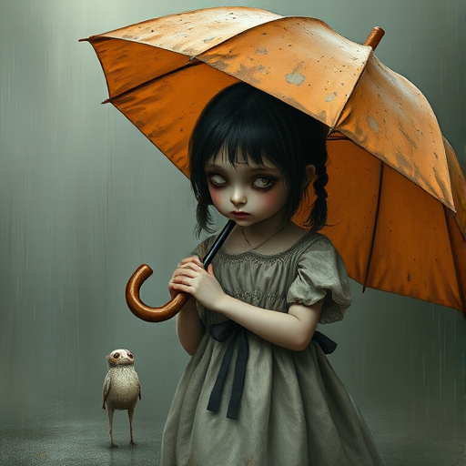 An eerie, weird little girl with dark hair in thin pigtails, wearing a smock dress, standing in the rain, holding a dirty orange umbrella, a small, odd creature beside her. In a surreal style inspired by Nicoletta Ceccoli and Brian Froud. Dark fantasy themes