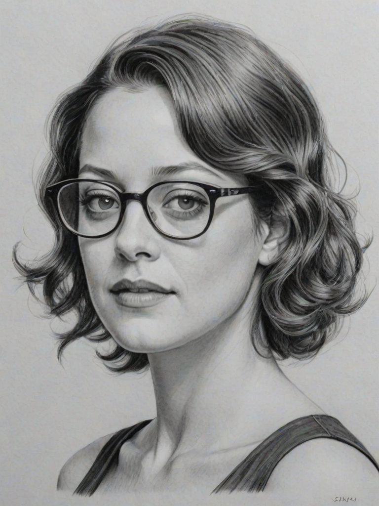 Splendid Marion Cotillard, pencil sketch, portrait of Beauteous woman 1956s in glasses, hair style beatnik, outline, clear lines, fine lines, 8k