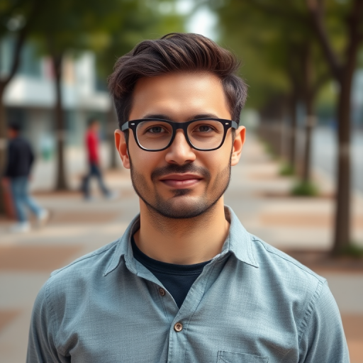 portrait of a man with glasses standing confidently outdoors, camera settings: ISO 100, f/2.8, shutter speed 1/200s, camera view: eye level, camera style: natural light, camera type: DSLR