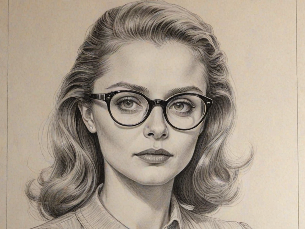 Bewitching Anna Baryshnikov, pencil sketch, portrait of Ravishing woman 1951s in glasses, hair style beatnik, outline, clear lines, fine lines, 8k