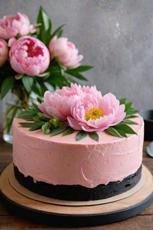 Create an image of a round cake with a smooth pink frosting. The top of the cake is adorned with fresh flowers, including pink peonies and small green leaves. The cake sits on a simple black cake board and is placed on a wooden table. The background should have a soft focus to highlight the cake.