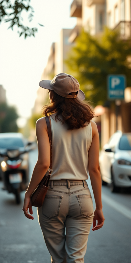 Regenerate an image of a woman walking away in casual attire, captured in soft afternoon sunlight using a Canon EOS R5, 50mm lens, aperture f/1.8, ISO 100, shallow depth of field, and natural composition focusing on the street scene with a blurred background.
