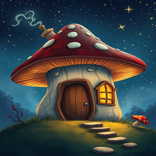 generate illustration of a mushroom house with a door and a window, a storybook , fantasy art, mushroom house, bg starry sky, sparkles