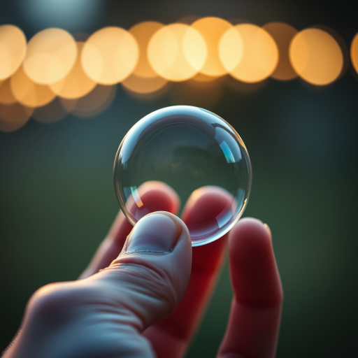 A highly detailed close-up of a hand holding a reflective bubble with soft bokeh lights in the background, taken with a Canon EOS R5, 85mm lens, f/1.8 aperture, ISO 100, 1/200 sec exposure, with dramatic lighting and high contrast to emphasize the bubble's surface.