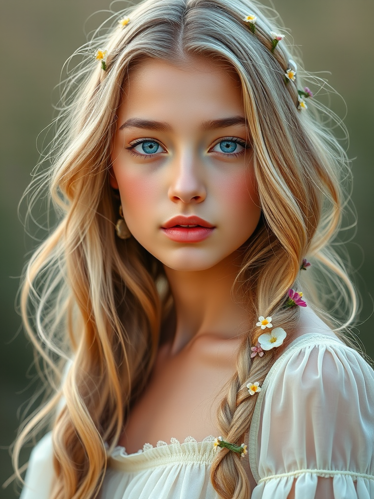 Create an image of a young Hispanic woman with long, wavy blonde hair, adorned with small, colorful flowers woven into her braids and loose strands. Her complexion is fair, with soft, glowing skin, and she has light blue eyes that gaze softly at the viewer. She wears a light, flowing dress with a gentle, ethereal quality, complementing her delicate and serene appearance. The background is slightly blurred, drawing focus to her tranquil expression and the intricate details of the flowers in her hair. The overall mood of the image is one of natural beauty and grace, evoking a sense of peacefulness and connection with nature.