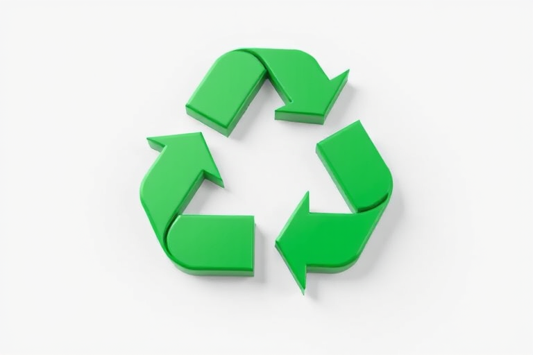 Generate a 3D rendering of a green recycling symbol on a clean white background with a Canon EOS R5 camera, 50mm lens, f/8 aperture, ISO 100, captured from a slightly elevated angle to enhance depth and detail.