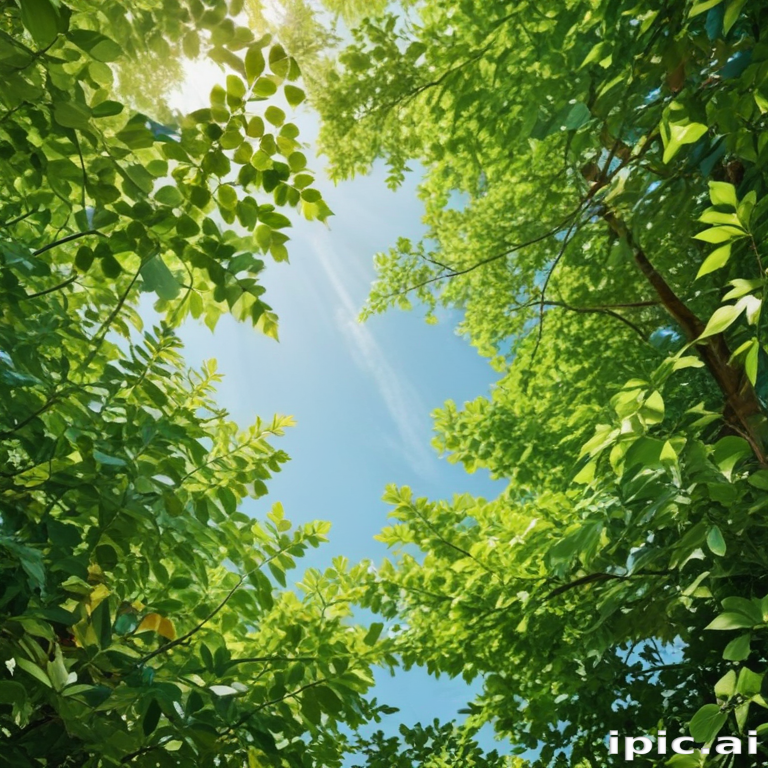 Looking Up at a Lush Green Canopy Under a Clear Blue Sky