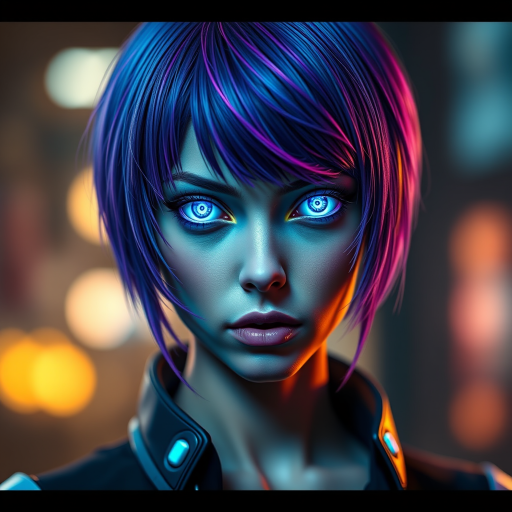 Cyberpunk female character portrait with glowing blue eyes, short hair with purple highlights, futuristic attire, dramatic lighting, sharp focus, 85mm lens, f/1.8 aperture, ISO 100, soft bokeh background, high dynamic range imaging.