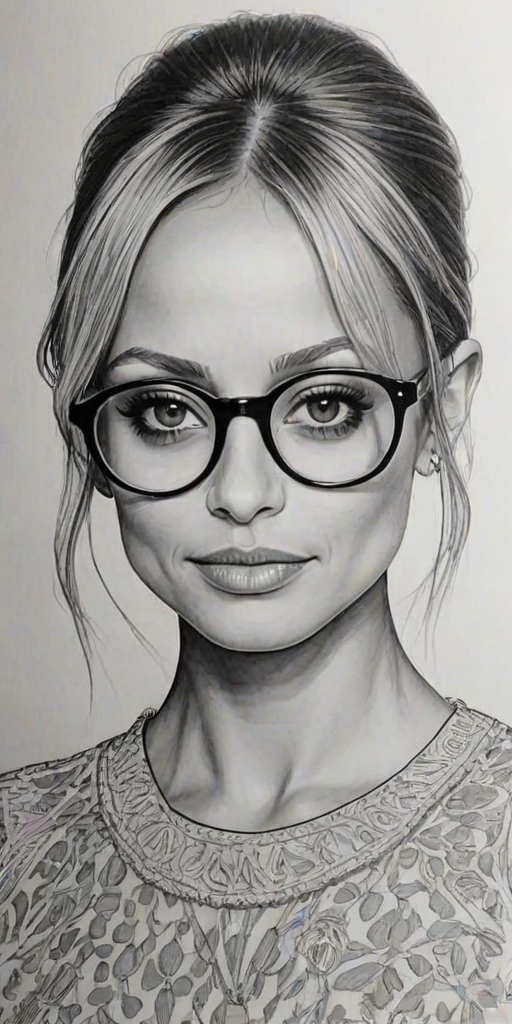 Splendid Nicole Richie, pencil sketch, portrait of Ravishing woman 1967s in glasses, hair style beatnik, outline, clear lines, fine lines, 8k