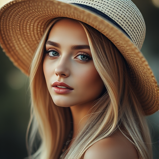 portrait of a beautiful woman with long blonde hair wearing a straw hat with a globe reflecting in it, deep focus, soft bokeh background, taken with a Canon EOS R5, 50mm f/1.2 lens, ISO 100, aperture f/1.2, shutter speed 1/200s