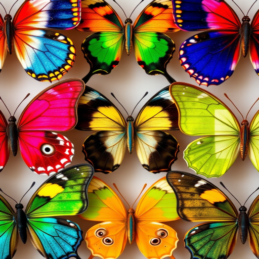 Regenerate an image of nine colorful butterflies arranged in a grid, high resolution, macro view, soft focus, aperture f/2.8, shutter speed 1/200s, ISO 100, DSLR camera.