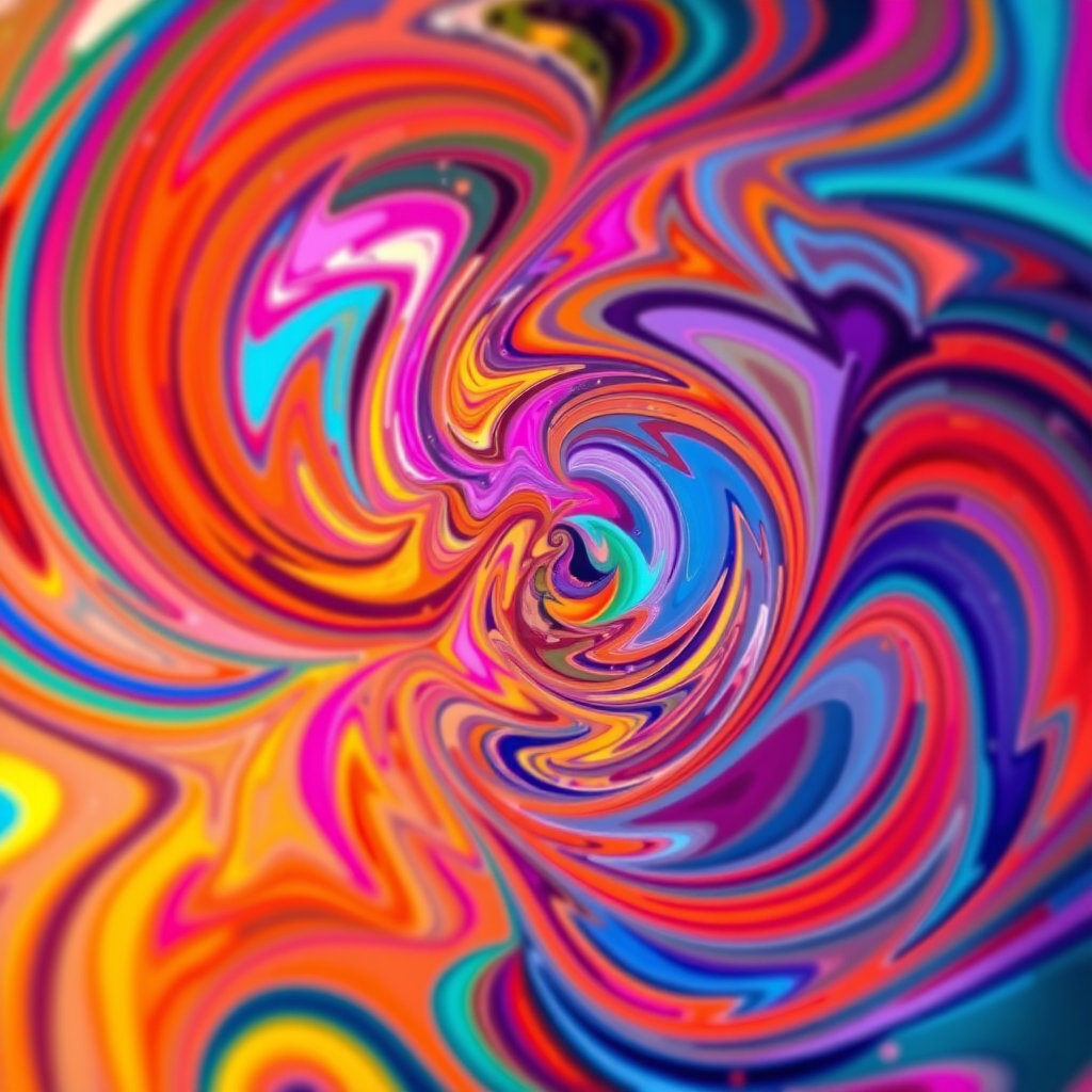 Generate a vibrant abstract image with swirling colors and geometric patterns, using a DSLR camera with a 50mm lens, f/1.8 aperture, ISO 100, 1/60s shutter speed, shot from a close-up perspective with a wide-angle view to enhance depth and clarity.