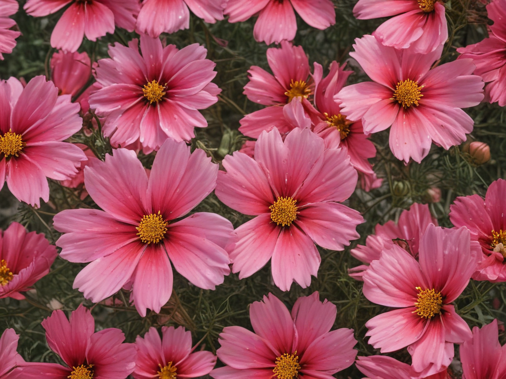 A Vibrant Display of Pink Flowers Blooming in a Lush Garden Setting.