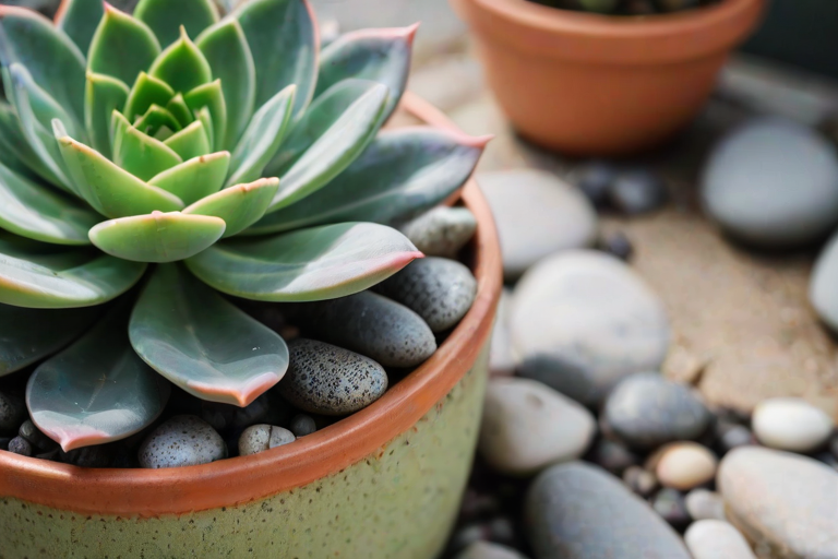 Close-up of a succulent plant in a beautifully textured pot, soft light highlighting the vibrant green leaves, with a few pebbles scattered around the base for decoration.
