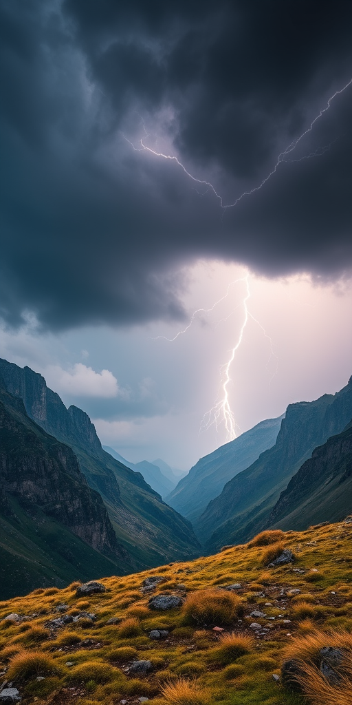 Dramatic landscape of mountains under a stormy sky with lightning, showcasing rugged terrain and sparse grass, captured with a DSLR camera at ISO 100, f/8, 1/250s, wide-angle lens, in natural lighting.
