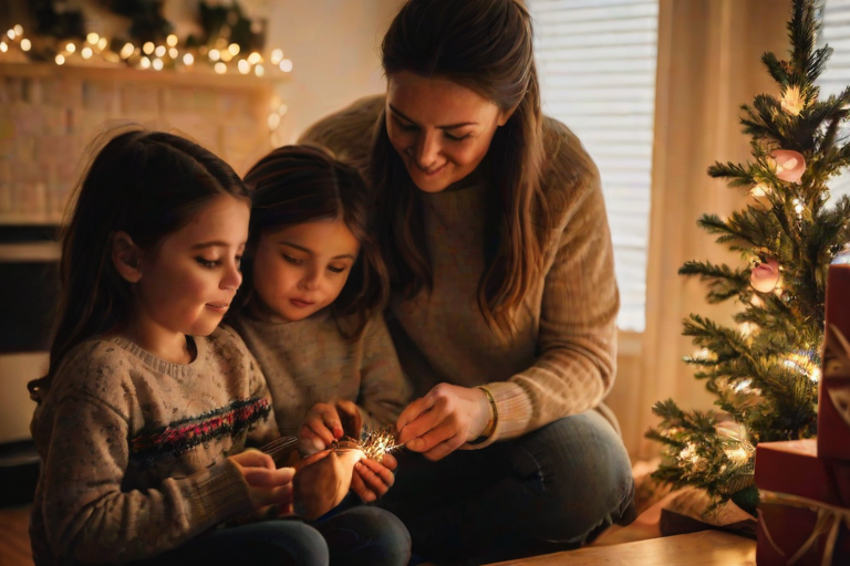 Warm, intimate image of a family decorating a Christmas tree in a cozy living room, soft glow from string lights casting warm shadows on their faces, the smell of pine needles and cinnamon filling the room.