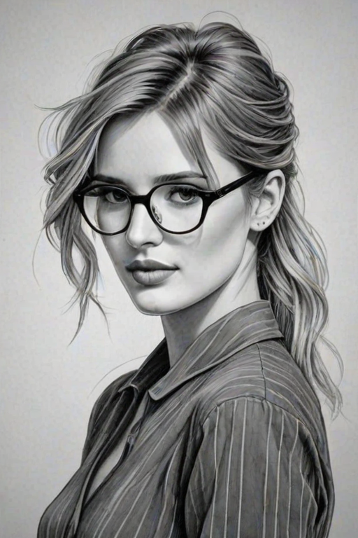 Graceful Bella Thorne, pencil sketch, portrait of Fetching woman 1921s in glasses, hair style beatnik, outline, clear lines, fine lines, 8k