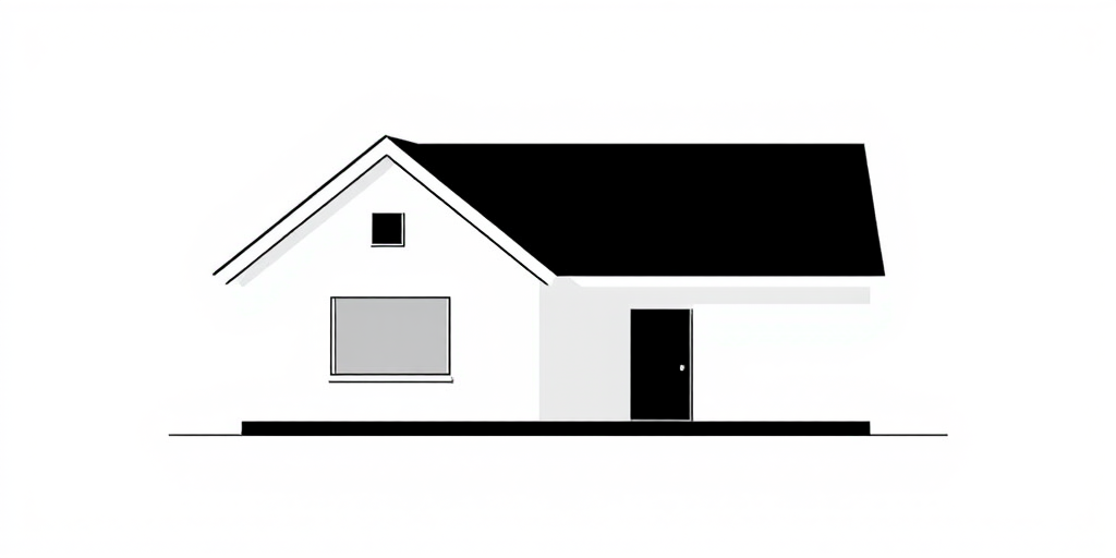Design a minimalist black and white illustration of a house with a gabled roof and two square windows, captured in sharp focus using a DSLR camera, aperture f/8, ISO 100, 50mm lens, and a straight-on perspective.