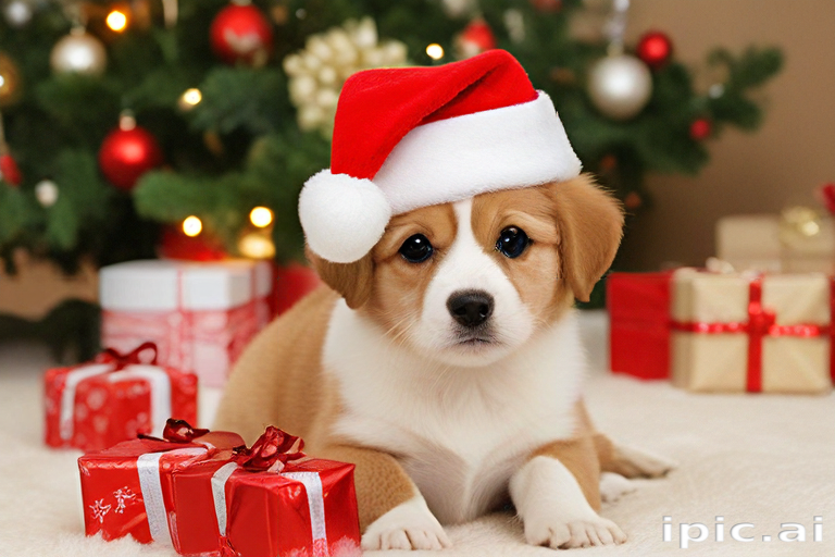 Adorable Puppy in Santa Hat Surrounded by Christmas Gifts and Decor