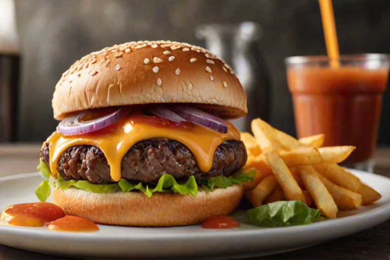 High-resolution, close-up image of a gourmet double cheeseburger. The burger features a glossy, sesame-seed-topped brioche bun. Inside, there are two thick, juicy beef patties, each topped with melted cheddar cheese. The burger is garnished with fresh lettuce, tomato slices, diced onions, and pickles. A generous amount of ketchup and a creamy, orange-colored sauce is dripping down the sides, adding to the mouth-watering appeal. In the background, there are blurred elements including a side of golden French fries and a hint of a beverage, enhancing the overall presentation of a delicious meal.