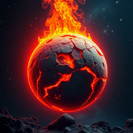 Create a high-resolution detailed digital illustration of a cracked planet emitting glowing lava, set against a starry space background, using a Canon EOS R5 with a 24mm lens, aperture f/11, ISO 200, and 1/125 sec exposure, in a wide-angle view with enhanced colors and contrast.