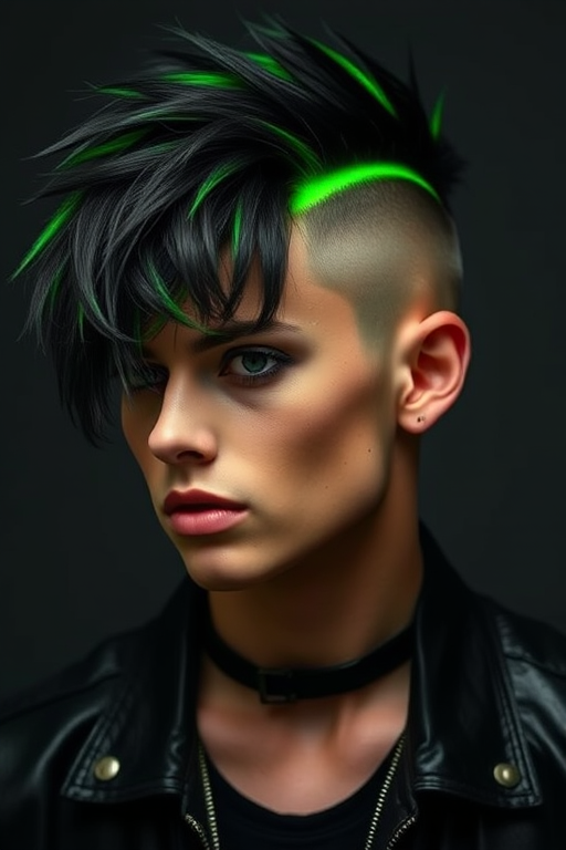 Neon green underlights peeking through a jet black mullet, Electric Rebel cut, featuring a bold contrast between classic punk and modern edge