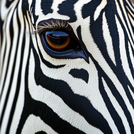 Close-up of a zebra’s face, focusing on its eye. The zebra’s distinctive black and white stripes are prominent, with its large brown eye showing detailed lashes and a slight reflection. The texture of the zebra’s skin and fur is visible, creating a sharp contrast between the dark and light stripes.