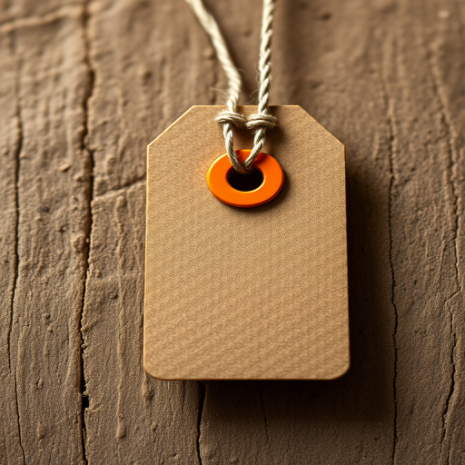 Create a high-resolution image of a textured kraft paper tag with a round orange eyelet, captured with a DSLR camera at f/4 aperture, 50mm lens, 1/125s shutter speed, in natural lighting from a top-down view, with a shallow depth of field to emphasize the tag's details against a soft blurred background.