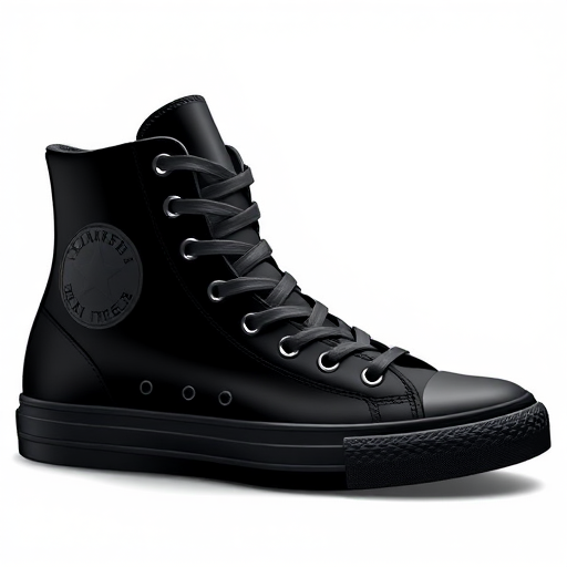 Create a high-resolution black high-top sneaker illustration with a circular logo on the side, shot with a DSLR camera at f/2.8 aperture, ISO 100, 50mm focal length, in a bright, evenly lit studio environment with soft shadows.