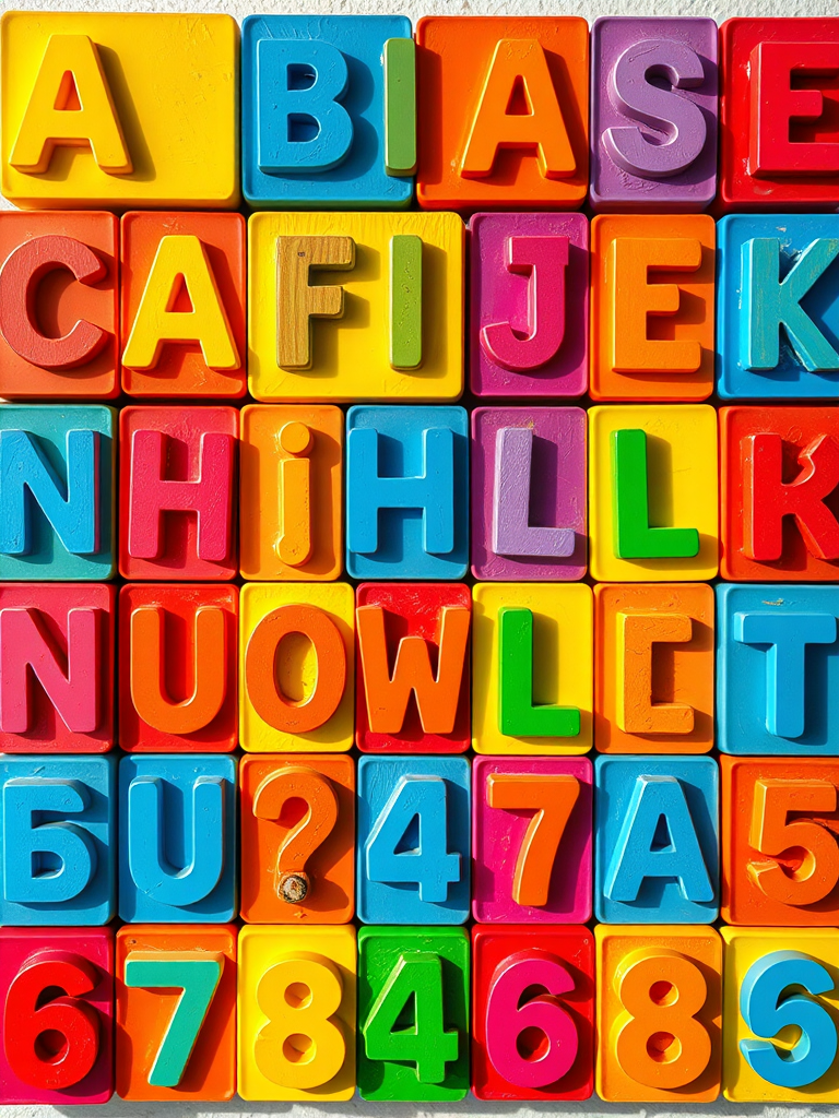 Create a vibrant, colorful grid of squares featuring letters and numbers in a playful font, captured with a DSLR camera at f/8 aperture, ISO 100, 50mm lens, top-down view, in natural light for enhanced color saturation.