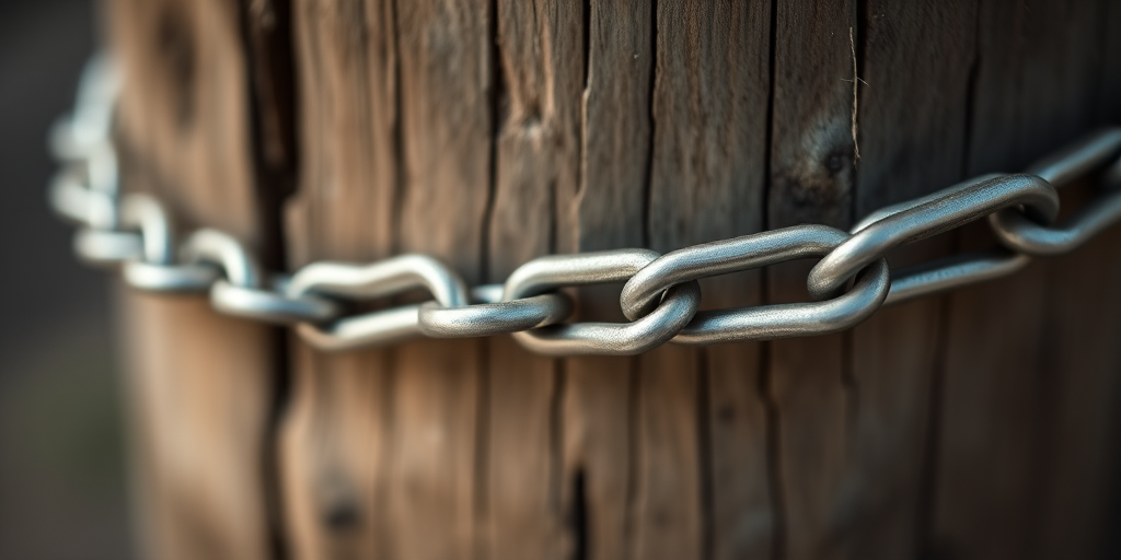 macro shot of a metallic chain against a rustic wooden post, shallow depth of field, natural lighting, f/2.8 aperture, 50mm lens, ISO 100, DSLR camera