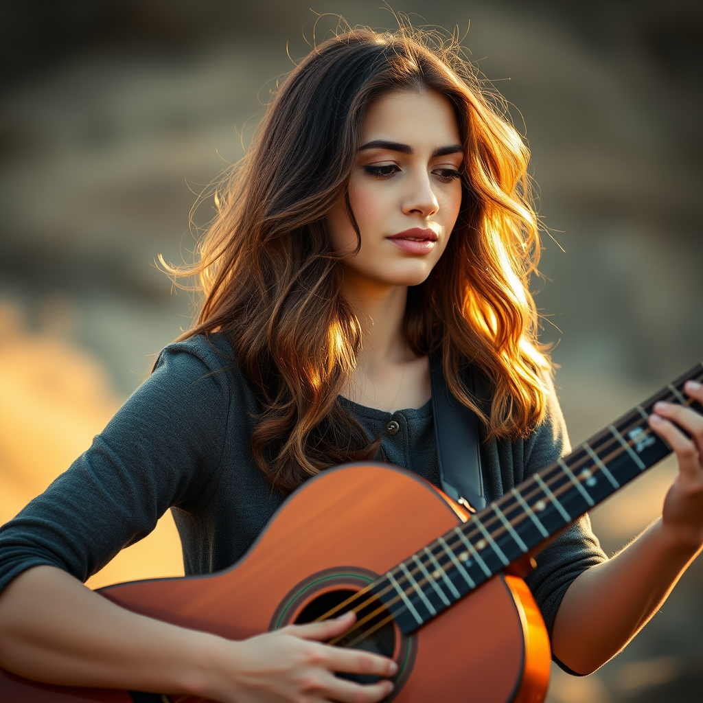 portrait of a woman playing an acoustic guitar in soft natural light, golden hour, shallow depth of field, f/2.8, 85mm lens, DSLR, soft focus background, warm color palette, detailed textures, high resolution
