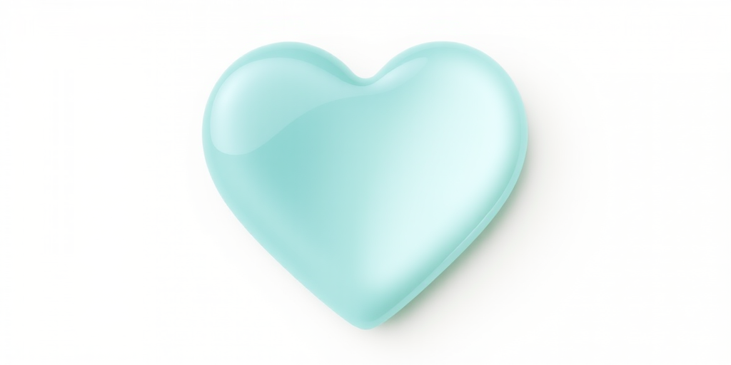Create a smooth, glossy teal heart shape with a gradient fill from light teal to white, using a macro lens on a DSLR camera, aperture set to f/2.8, ISO 100, with soft natural lighting for a refined look.