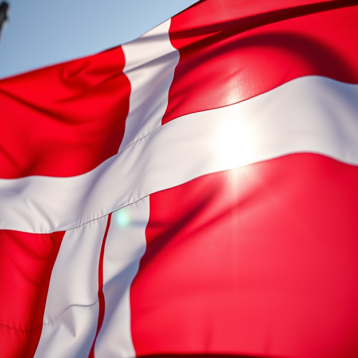 Create a high-resolution image of the Danish flag, captured with a DSLR camera at 50mm focal length, aperture f/8, ISO 100, in bright daylight, using a shallow depth of field.