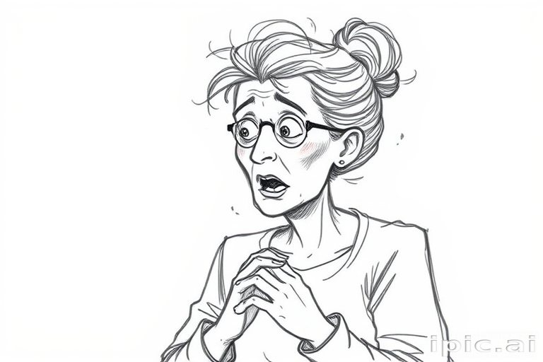 scribbly unfinished sketch, old lady with messy gray hair in a loose bun, surprised expression, mouth open, hands clasped together in front of her chest. Her eyes are wide, eyebrows are furrowed. vibe of shock or surprise.