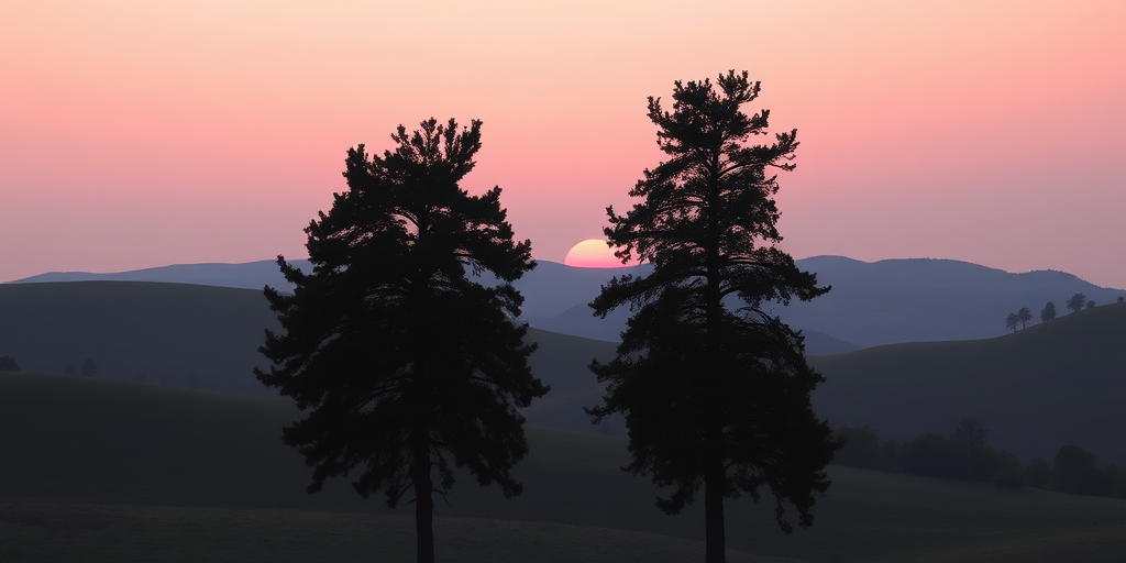 regenerate a serene landscape featuring two tall trees silhouetted against a soft pink sunset sky, with rolling hills in the background, using a DSLR camera with a 50mm lens, f/2.8 aperture, ISO 100, 1/200s shutter speed, landscape orientation, high-contrast color saturation, and soft focus to enhance image quality