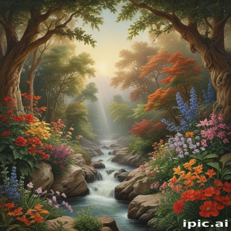 Tranquil Forest Scene with a Flowing Stream and Vibrant Blossoms