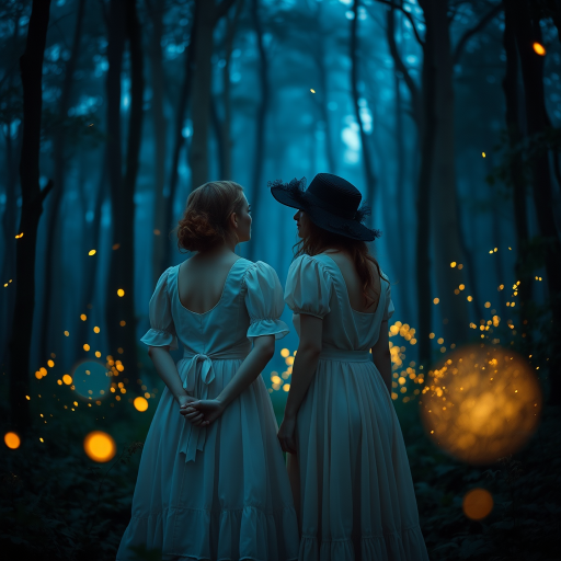 A mystical forest scene with two women in vintage dresses under a glowing blue ambiance, surrounded by fireflies, captured with a Canon EOS R5, 50mm lens, f/1.8, ISO 200, 1/60s, in soft-focus style.