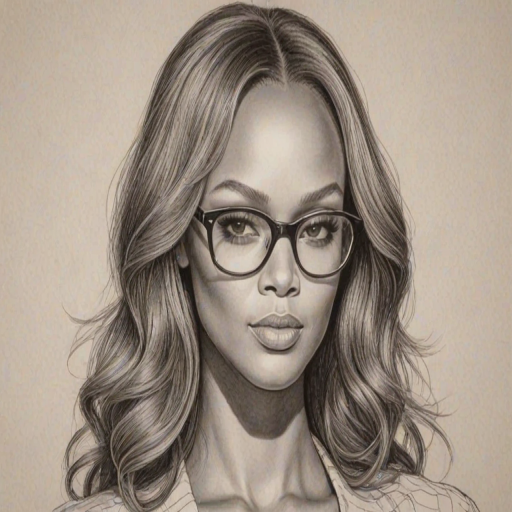 Enticing Tyra Banks, pencil sketch, portrait of Resplendent woman 1976s in glasses, hair style beatnik, outline, clear lines, fine lines, 8k