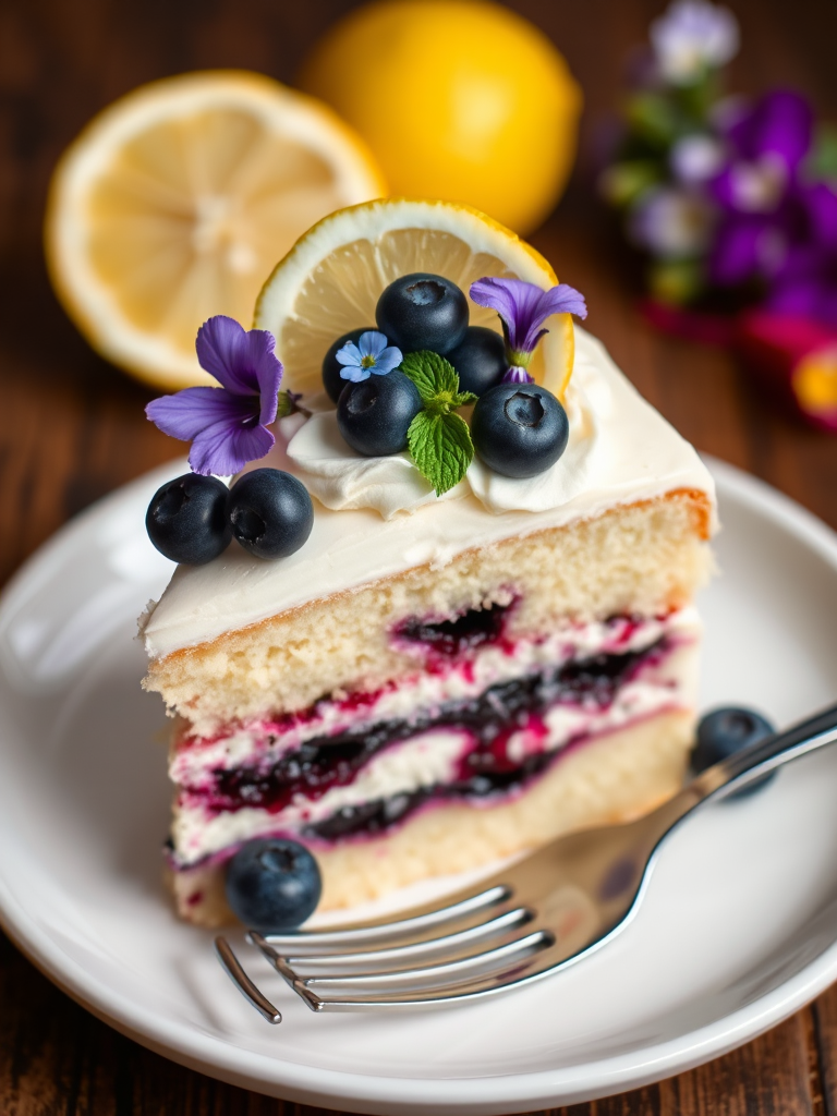 A slice of layered cake with vanilla sponge and blueberry filling decorated with whipped cream fresh blueberries a slice of lemon and edible flowers served on a white plate with a fork beside it