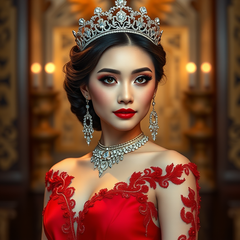 A gorgeous Vietnamese woman in a luxurious red gown, accessorized with a dazzling tiara and statement earrings, her deep cyan eyes highlighted by impeccable makeup, poised in a royal setting, photorealistic, 8K quality