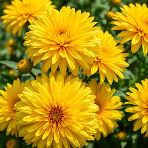 create a vibrant illustration of yellow chrysanthemums with intricate details, use a Canon EOS 5D Mark IV, f/2.8 aperture, 50mm lens, in natural light to enhance color saturation and sharpness